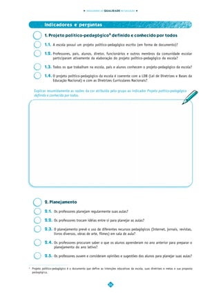 INDICADORES DA QUALIDADE NA EDUCAÇÃO




             Indicadores e perguntas

             1. Projeto político-pedagógico4 definido e conhecido por todos

             1.1. A escola possui um projeto político-pedagógico escrito (em forma de documento)?

             1.2. Professores, pais, alunos, diretor, funcionários e outros membros da comunidade escolar
                  participaram ativamente da elaboração do projeto político-pedagógico da escola?

             1.3. Todos os que trabalham na escola, pais e alunos conhecem o projeto-pedagógico da escola?

             1.4. O projeto político-pedagógico da escola é coerente com a LDB (Lei de Diretrizes e Bases da
                  Educação Nacional) e com as Diretrizes Curriculares Nacionais?

     Explicar resumidamente as razões da cor atribuída pelo grupo ao indicador Projeto político-pedagógico
     definido e conhecido por todos.




             2. Planejamento

             2.1. Os professores planejam regularmente suas aulas?

             2.2. Os professores trocam idéias entre si para planejar as aulas?

             2.3. O planejamento prevê o uso de diferentes recursos pedagógicos (Internet, jornais, revistas,
                  livros diversos, obras de arte, filmes) em sala de aula?

             2.4. Os professores procuram saber o que os alunos aprenderam no ano anterior para preparar o
                  planejamento do ano letivo?

             2.5. Os professores ouvem e consideram opiniões e sugestões dos alunos para planejar suas aulas?


4
    Projeto político-pedagógico é o documento que define as intenções educativas da escola, suas diretrizes e metas e sua proposta
    pedagógica.



                                                                26
 