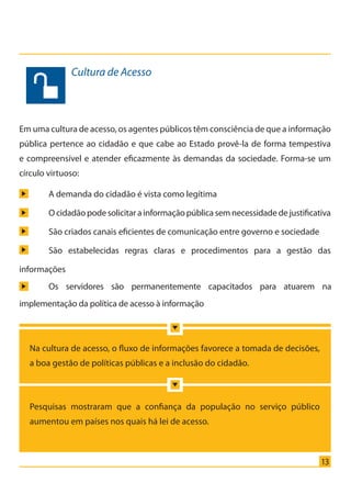 13
Em uma cultura de acesso, os agentes públicos têm consciência de que a informação
pública pertence ao cidadão e que cabe ao Estado provê-la de forma tempestiva
e compreensível e atender eficazmente às demandas da sociedade. Forma-se um
círculo virtuoso:
		 A demanda do cidadão é vista como legítima
		 O cidadão pode solicitar a informação pública sem necessidade de justificativa
		 São criados canais eficientes de comunicação entre governo e sociedade
	 São estabelecidas regras claras e procedimentos para a gestão das
informações
Cultura de Acesso
Na cultura de acesso, o fluxo de informações favorece a tomada de decisões,
a boa gestão de políticas públicas e a inclusão do cidadão.
Pesquisas mostraram que a confiança da população no serviço público
aumentou em países nos quais há lei de acesso.
	 Os servidores são permanentemente capacitados para atuarem na
implementação da política de acesso à informação
Cartilha_final.indd 13 28/11/2011 17:51:26
 