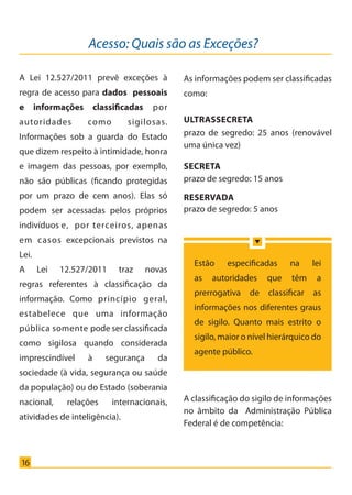 16
A Lei 12.527/2011 prevê exceções à
regra de acesso para dados pessoais
e informações classificadas por
autoridades como sigilosas.
Informações sob a guarda do Estado
que dizem respeito à intimidade, honra
e imagem das pessoas, por exemplo,
não são públicas (ficando protegidas
por um prazo de cem anos). Elas só
podem ser acessadas pelos próprios
indivíduos e, por terceiros, apenas
em casos excepcionais previstos na
Lei.
A Lei 12.527/2011 traz novas
regras referentes à classificação da
informação. Como princípio geral,
estabelece que uma informação
pública somente pode ser classificada
como sigilosa quando considerada
imprescindível à segurança da
sociedade (à vida, segurança ou saúde
da população) ou do Estado (soberania
nacional, relações internacionais,
atividades de inteligência).
Acesso: Quais são as Exceções?
As informações podem ser classificadas
como:
Ultrassecreta
prazo de segredo: 25 anos (renovável
uma única vez)
Secreta
prazo de segredo: 15 anos
Reservada
prazo de segredo: 5 anos
A classificação do sigilo de informações
no âmbito da Administração Pública
Federal é de competência:
Estão especificadas na lei
as autoridades que têm a
prerrogativa de classificar as
informações nos diferentes graus
de sigilo. Quanto mais estrito o
sigilo, maior o nível hierárquico do
agente público.
Cartilha_final.indd 16 28/11/2011 17:51:26
 