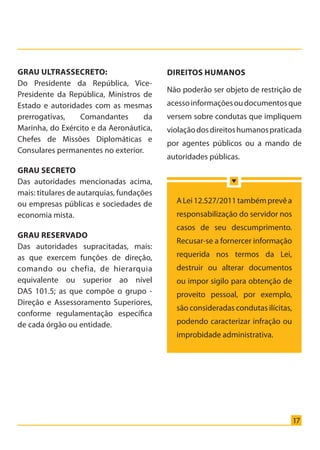 17
Direitos Humanos
Não poderão ser objeto de restrição de
acessoinformaçõesoudocumentosque
versem sobre condutas que impliquem
violaçãodosdireitoshumanospraticada
por agentes públicos ou a mando de
autoridades públicas.
ALei12.527/2011tambémprevêa
responsabilização do servidor nos
casos de seu descumprimento.
Recusar-se a fornercer informação
requerida nos termos da Lei,
destruir ou alterar documentos
ou impor sigilo para obtenção de
proveito pessoal, por exemplo,
são consideradas condutas ilícitas,
podendo caracterizar infração ou
improbidade administrativa.
GRAU ULTRASSECRETO:
Do Presidente da República, Vice-
Presidente da República, Ministros de
Estado e autoridades com as mesmas
prerrogativas, Comandantes da
Marinha, do Exército e da Aeronáutica,
Chefes de Missões Diplomáticas e
Consulares permanentes no exterior.
GRAU SECRETO
Das autoridades mencionadas acima,
mais: titulares de autarquias, fundações
ou empresas públicas e sociedades de
economia mista.
GRAU RESERVADO
Das autoridades supracitadas, mais:
as que exercem funções de direção,
comando ou chefia, de hierarquia
equivalente ou superior ao nível
DAS 101.5; as que compõe o grupo -
Direção e Assessoramento Superiores,
conforme regulamentação específica
de cada órgão ou entidade.
Cartilha_final.indd 17 28/11/2011 17:51:26
 