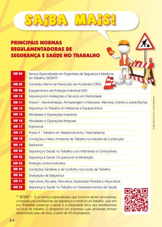 PRINCIPAIS NORMAS
REGULAMENTADORAS DE
SEGURANÇA E SAÚDE NO TRABALHO
* SESMT - É um serviço especializado que funciona dentro da empresa,
composto por profissionais de segurança e medicina do trabalho, que tem
por finalidade preservar a saúde e a integridade física dos trabalhadores
no local de trabalho. É obrigatório em empresas cujas atividades tenham
determinado grau de risco, a partir de 50 empregados.
NR 04
NR 05
NR 06
NR 10
NR 11
NR 12
NR 15
NR 16
NR 17
NR 17
NR 18
NR 19
NR 20
NR 22
NR 23
NR 24
NR 26
NR 31
NR 32 Segurança e Saúde no Trabalho em Estabelecimentos de Saúde
Serviço Especializado em Engenharia de Segurança e Medicina
do Trabalho (SESMT)*
Comissão Interna de Prevenção de Acidentes (CIPA)
Equipamentos de Proteção Individual (EPI)
Segurança em Instalações e Serviços em Eletricidade
Anexo I - Movimentação, Armazenagem e Manuseio: Mármore, Granito e outras Rochas
Segurança no Trabalho em Máquinas e Equipamentos
Atividades e Operações Insalubres
Atividades e Operações Perigosas
Ergonomia
Anexo II - Trabalho em Teleatendimento / Telemarketing
Condições e Meio Ambiente de Trabalho na Indústria da Construção
Explosivos
Segurança e Saúde no Trabalho com Inflamáveis e Combustíveis
Segurança e Saúde Ocupacional na Mineração
Proteção contra Incêndios
Condições Sanitárias e de Conforto nos Locais de Trabalho
Sinalização de Segurança
Agricultura, Pecuária, Silvicultura, Exploração Florestal e Aquicultura
NR 11
©Depositphotos.com/AlexeyBogatyrev
24
 