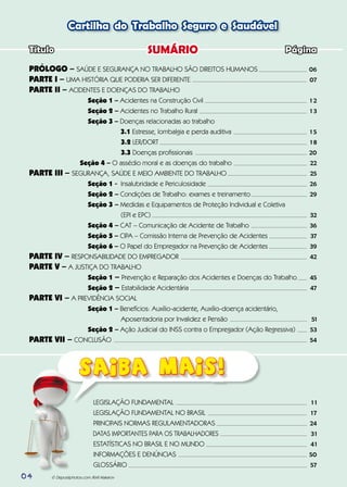 Título 								
PRÓLOGO – SAÚDE E SEGURANÇA NO TRABALHO SÃO DIREITOS HUMANOS	
PARTE I – UMA HISTÓRIA QUE PODERIA SER DIFERENTE 	
PARTE II – ACIDENTES E DOENÇAS DO TRABALHO		
		Seção 1 – Acidentes na Construção Civil
		Seção 2 – Acidentes no Trabalho Rural
		Seção 3 – Doenças relacionadas ao trabalho
			 3.1 Estresse, lombalgia e perda auditiva
			 3.2 LER/DORT
			 3.3 Doenças profissionais
Seção 4 – O assédio moral e as doenças do trabalho
PARTE III – SEGURANÇA, SAÚDE E MEIO AMBIENTE DO TRABALHO 	
		Seção 1 - Insalubridade e Periculosidade
		Seção 2 – Condições de Trabalho: exames e treinamento
		Seção 3 – Medidas e Equipamentos de Proteção Individual e Coletiva 		
			 (EPI e EPC)
		Seção 4 – CAT – Comunicação de Acidente de Trabalho
		Seção 5 – CIPA – Comissão Interna de Prevenção de Acidentes
		Seção 6 – O Papel do Empregador na Prevenção de Acidentes
PARTE IV – RESPONSABILIDADE DO EMPREGADOR
PARTE V – A JUSTIÇA DO TRABALHO
		Seção 1 – Prevenção e Reparação dos Acidentes e Doenças do Trabalho
		Seção 2 – Estabilidade Acidentária
PARTE VI – A PREVIDÊNCIA SOCIAL
		Seção 1 – Benefícios: Auxílio-acidente, Auxílio-doença acidentário,
			 Aposentadoria por Invalidez e Pensão
		Seção 2 – Ação Judicial do INSS contra o Empregador (Ação Regressiva)
PARTE VII – CONCLUSÃO
		
		 LEGISLAÇÃO FUNDAMENTAL
		 LEGISLAÇÃO FUNDAMENTAL NO BRASIL
		 PRINCIPAIS NORMAS REGULAMENTADORAS
		 DATAS IMPORTANTES PARA OS TRABALHADORES
		 ESTATÍSTICAS NO BRASIL E NO MUNDO
		 INFORMAÇÕES E DENÚNCIAS
		 GLOSSÁRIO
Página
06
07
1 2
1 3
1 5
1 8
20
22
25
26
29
32
36
37
39
42
45
47
51
53
54
1 1
17
24
31
41
50
57
SUMÁRIO
Cartilha do Trabalho Seguro e Saudável
© Depositphotos.com /Kirill Makarov04
 