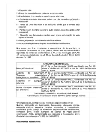 1 - Cegueira total.
2 - Perda de nove dedos das mãos ou superior a esta.
3 - Paralisia dos dois membros superiores ou inferiores.
4 - Perda dos membros inferiores, acima dos pés, quando a prótese for
   impossível.
5 - Perda de uma das mãos e de dois pés, ainda que a prótese seja
  possível.
6 - Perda de um membro superior e outro inferior, quando a prótese for
   impossível.
7 - Alteração das faculdades mentais com grave perturbação da vida
  orgânica e social.
8 - Doença que exija permanência contínua no leito.
9 - Incapacidade permanente para as atividades da vida diária.

Nos casos em ficar constatado a necessidade do incapacitado à
assistência permanente de outra pessoa, deverá ser anotado no BIM e
registrado no extrato de laudo médico, o Art. 34 da Resolução SEPLAG
42, conforme estabelecido no art. 45, do Decreto Federal nº 3.048, de 06
de maio de 1999.


                                ENQUADRAMENTO LEGAL:
                             Art. 9º da Lei Complementar 100/07, combinado com Art. 50 I
Doença Profissional          alínea “a” do Decreto 42.758/02 e com Art. 33 III da Resolução
                             SEPLAG 42/03.
Acidente     de     trabalho;Art. 9º da Lei Complementar 100/07, combinado com Art. 50 I
*Doenças              graves,alínea “a” do Decreto 42.758/02 e com Art. 33 I da Resolução
contagiosas ou incuráveis    SEPLAG 42/03
                             Art. 9º da Lei Complementar 100/07, combinado com Art. 50 I
Acidentes     de    qualquer
                             alínea “a” do Decreto 42.758/02 e com Art. 33 II da Resolução
natureza
                             SEPLAG 42/03.
                             Art. 9º da Lei Complementar 100/07, combinado com Art. 50 I
Outras situações diferentes
                             alínea “a” do Decreto 42.758/02 e com Art. 33 IV da resolução
das anteriores
                             SEPLAG 42/03.
                    Se concedido o benefício a conclusão do RIM será:
            “Caracterizada incapacidade total e definitiva para o serviço público”.


*Doenças graves, contagiosas ou incuráveis especificadas em lei:
Quando acometido de tuberculose, hanseníase, alienação mental,
neoplasia maligna, cegueira, paralisia irreversível e incapacitante,
cardiopatia grave, doença de Parkinson, espondiloartrose anquilosante,
nefropatia grave, estado avançado da Doença de Paget (osteíte
deformante), AIDS, contaminação por radiação e hepatopatia grave
(Portaria Interministerial n.º 2.998 de 23/08/2001)

Documentos necessários:
 