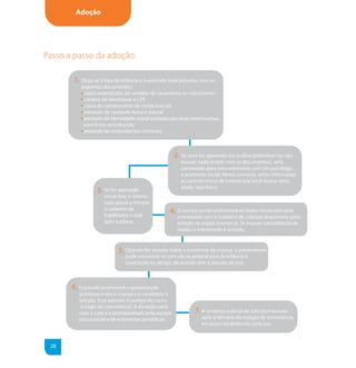 Adoção




Passo a passo da adoção:

       1. Dirija-se à Vara da Infância e Juventude mais próxima, com os
          seguintes documentos:
          - cópia autenticada da certidão de casamento ou nascimento
          - carteira de identidade e CPF
          - cópia do comprovante de renda mensal
          - atestado de sanidade física e mental
          - atestado de idoneidade moral assinado por duas testemunhas,
            com firma reconhecida
          - atestado de antecedentes criminais



                                                     2. Se você for aprovado em análise preliminar (se não
                                                        houver nada errado com os documentos), será
                                                        convocado para uma entrevista com um psicólogo
                                                        e assistente social. Nessa conversa, serão informadas
                                                        as características da criança que você busca: sexo,
                                                        idade, tipo físico.
                 3. Se for aprovado
                    nessa fase, o interes-
                    sado passa a integrar
                    o cadastro de
                    habilitados e está
                                                  4. O serviço social confrontará os dados fornecidos pelo
                                                      interessado com o cadastro de crianças disponíveis para
                    apto a adotar.                    adoção na região (comarca). Se houver coincidência de
                                                      dados, o interessado é avisado.



                           5. Quando for avisado sobre a existência da criança, o pretendente
                              pode encontrar-se com ela na própria Vara da Infância e
                              Juventude ou abrigo, de acordo com a decisão do juiz.



       6. O juizado promoverá a aproximação
         gradativa entre a criança e o candidato à
         adoção. Esse período é conhecido como
         “estágio de convivência”. A duração varia
         caso a caso e é acompanhado pela equipe              7. A sentença judicial de adoção é lavrada
         psicossocial e de entrevistas periódicas.               após o término do estágio de convivência,
                                                                 em prazo estabelecido pelo juiz.



 28
 