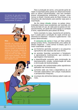 Para a produção de carne, uma grande parte de
                                         ração é exportada pelos países em desenvolvimento
                                         para os países industrializados. Isso tem também
Um hectare de soja pode fornecer         graves conseqüências ambientais e sociais, como
proteína para 5.000 pessoas, se este     vemos no Brasil. Grande parte do Mato Grosso e da
hectare é usado para pastagem ali-       Amazônia são desmatados para plantar soja para a
menta somente 191 pessoas.               exportação.
                                              No fim desse círculo vicioso, os países indus-
                                         trializados trazem seus excedentes, por exemplo, em
                                         forma de leite em pó, de volta para os países em de-
                                         senvolvimento, em parte até como ajuda no combate
                                         à fome, especialmente para paises da África.
                                             Outro exemplo é a soja, riquíssima em proteína,
                                         que é usada para a produção de ração animal que
                                         alimenta os rebanhos - inclusive o gado bovino - nos
                                         países desenvolvidos.
Dica:                                        O consumo de carne é hoje um fator político
limitando seu consumo de carne           porque produz fome, impulsionando uma cadeia de
para uma ou duas vezes na semana         efeitos negativos – como vemos no Brasil, que é o
você contribui para a diminuição da      maior exportador de soja:
fome no mundo e da destruição da            as fronteiras agrícolas avançam e os pequenos
natureza. Por exemplo, misturas de          agricultores são expulsos das suas terras;
cereais com leguminosas – como é
o caso do arroz com feijão, a tradi-        as grandes fazendas aumentam e fortalecem
cional mistura brasileira - têm pro-        a agroindústria multinacional, que controla o
teínas e alto valor nutritivo, que po-      agronegócio internacional;
dem substituir a carne.                     a desertificação aumenta pela combinação de
                                            desmatamento, erosão, contaminação de solos
                                            e diminuição da biodiversidade;
                                            as pessoas são contaminadas pelos agrotóxicos
                                            aplicados nas monoculturas;
                                            aumenta cada vez mais a dependência de um
                                            mercado especulativo com preços incalculáveis
                                            e perspectivas inseguras;
                                            os preços dos alimentos básicos sobem cada vez
                                            mais.




10
 
