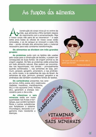 As funções dos alimentos


A          construção do corpo inicia já no ventre da
           mãe, que alimenta o filho também depois
           do nascimento com a amamentação. Mas
o nosso corpo não para de se reconstruir – a cada
setes anos todas as células do nosso corpo estão
renovadas, e as do sangue se renovam a cada três
dias – sendo retirado dos alimentos todo o material
necessário para esta constante transformação.
   Os alimentos se dividem em três grandes
grupos:
    As proteínas junto com os lipídios são usadas
pelo corpo para a construção de tecidos, e podem ser
conseguidas de duas fontes: de origem animal ou de      “Só quem provou da comida sabe o
origem vegetal. De fato as proteínas estão presentes    gosto que ela tem”
em todo alimento natural. Elas podem ser encontra-                         Patativa do Assaré
das nas leguminosas, nos cereais – principalmente
quando combinados –, nas sementes de soja, jeri-
mum, girassol, gergelim, amendoim, e nas amêndo-
as, como nozes, e as castanhas de caju do Brasil. As
sementes de soja, jerimum, girassol, gergelim e as
amêndoas são também excelentes fontes de lipídios.
     Os carboidratos presentes nos cere-
ais (arroz, milho, aveia, etc), tubérculos
(batatas, mandioca, mandioquinha,
etc) e nos açúcares (mel, frutose,
etc), garantem a energia nes-
cessária para o dia-a-dia.
     As vitaminas e sais
minerais estão em maior
quantidade nas frutas e hor-
taliças, que contêm também
fibras e outras substâncias
que fortalecem o sistema
imunológico, deixando o or-
ganismo mais resistente a
doenças.




                                                                                           31
 