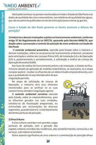 M.N
                      Ee T
                      I ao E
                       O AM
                     C oc i
                     u ,en
                           B
                           I
                     in fi r
                     de t
                      a li
                      d
                            E
Poluição das Águas



                        Você pode conhecer os pontos monitorados em todo o Estado de São Paulo e os
                     dados de qualidade dos rios e reservatórios, nos relatórios de qualidade das águas,
                     que são anualmente publicados no site da instituição (www.cetesb.sp.gov.br).

                     Como o Estado de São Paulo gerencia as fontes pontuais e difusas de
                     poluição?

                     1) Indústrias e demais instalações sujeitas ao licenciamento ambiental, conforme
                     artigo 57 do Regulamento da Lei 997/76, aprovado pelo Decreto 8468/76, que
                     dispõe sobre a prevenção e controle da poluição do meio ambiente no Estado de
                     São Paulo
                          O controle ambiental preventivo, exercido pelo Estado sobre a indústria e
                     demais instalações, refere-se ao processo de licenciamento ambiental, composto
                     pela solicitação e análise das Licenças Prévia (LP), de Instalação (LI) e de Operação
                     (LO) e, posteriormente e periodicamente, à solicitação e análise da Licença de
                     Operação Renovável (LOR).
                         Nas fases de análise de licenciamento prévio e de instalação, o Estado verifica,
                     inclusive através da aplicação de modelos matemáticos, se necessário, se o corpo
                     receptor poderá receber os efluentes de um determinado empreendimento, sem
                     que a qualidade do rio seja alterada além do que
                     a legislação permite.
                         Na etapa de solicitação de Licença de
                     Operação, a indústria terá seus efluentes
                     monitorados para se verificar se as suas
                     características atendem à legislação vigente.
                         O controle ambiental corretivo exercido
                     pelo Estado, sobre os empreendimentos, para
                     os efluentes gerados nas suas unidades,
                     constitui-se da fiscalização programada, ou
                     estimulada por reclamações de diversos
                     segmentos, quando ocorrerá o monitoramento
                     das fontes pontuais de poluição.

                     2) Área Urbana
                         A área urbana contribui com grandes cargas
                     pontuais de poluição, com a geração dos
                     esgotos urbanos oriundos das residências, dos estabelecimentos comerciais e de
                     serviços e de indústrias também.
                         Outro aspecto significativo da área urbana é a contribuição da poluição difusa

                                                           3
                                                           2
 