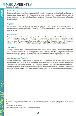 M.N
             Ee T
             I ao E
              O AM
            C oc i
            u ,en
                  B
                  I
            in fi r
            de t
             a li
             d
                   E
Glossário



             Política das Águas
             Conjunto de leis e seus regulamentos para dirigir as ações de governo, nacional ou de um Estado, na
             área de águas doces. No Brasil, a Constituição permite a União e aos Estados legislarem sobre as
             águas, conforme o seu domínio. Pode haver, portanto, Política das Águas Nacional, e Política das
             Águas Estadual.

             Programa
             Denominação para um projeto considerado abrangente ou importante, ou para um conjunto de
             projetos. Às vezes as denominações Programa e Projeto se confundem e servem para designar as
             mesmas coisas.

             Rio Piracicaba
             Origem do nome do rio, que em tupi significa "lugar aonde o peixe para". O rio Piracicaba nasce da
             junção dos rios Atibaia e Jaguari, no município de Americana. Após atravessar a cidade de Piracicaba,
             recebe as águas de seu principal afluente, o rio Corumbataí. O rio Piracicaba percorre 250 km de sua
             formação até a sua foz no rio Tietê entre os municípios de Santa Maria da Serra e Barra Bonita.

             Uso da Água
             Utilização dos rios, lagos e dos lençóis subterrâneos em seu estado natural. Os usos mais freqüentes
             são: abastecimento público, dessedentação de animais, processos industriais, irrigação e uso na agro-
             indústria, navegação, geração de energia elétrica, diluição de efluentes e esgotos, pesca e lazer.

             Usuário / poluidor / pagador
             Palavras utilizadas para denominar e caracterizar, em todo o mundo, o novo instrumento financeiro
             de suporte de políticas de recursos hídricos em bacias hidrográficas, às vezes também denominado
             “princípio usuário/poluidor/pagador”. Esta expressão se refere a usar a água e pagar por ela e poluir a
             água e pagar por isto. No Brasil está sendo consagrado utilizar apenas cobrança pelo uso das águas, ou
             princípio usuário/pagador, pois a condição de pagar por poluir não está legalmente definido no país.




            Fontes:
            Monticeli, J.J. Projeto Planagua Semads/GTZ. In: Workshop Organismos de Bacias Hidrográficas. Rio de Janeiro,
            2002.
            - Projeto Pisca/ESALQ/USP
            - GEPURA – Grupo de Estudos Para o Uso Racional da Água


                                                             5
                                                             4
 
