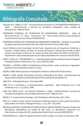 M.N
     Ee T
     I ao E
      O AM
    C oc i
    u ,en
          B
          I
    in fi r
    de t
     a li
     d
           E


Bana
ioCa
bi od
 lr s
 i f u
  ga l
     t
CALIJURI, M.C., BUBEL, A. P. M. – Conceituação de microbacias. In: AS FLORESTAS PLANTADAS E A
  ÁGUA – implementando o conceito da microbacia hidrográfica como unidade de
  planejamento – 2006 ed. Rima.
COMPANHIA ESTADUAL DE TECNOLOGIA DE SANEAMENTO AMBIENTAL. Rede de
  Monitoramento In: Água. Disponível em: http://www.cetesb.sp.gov.br/Agua/
  rios/monitoramento.asp. Acesso em 04/03/2010.
COMPANHIA ESTADUAL DE TECNOLOGIA DE SANEAMENTO AMBIENTAL. Relatório de qualidade
  das águas interiores do Estado de São Paulo 2002. São Paulo: Cetesb, 2003. 402p.
Escola Politécnica da Universidade de São Paulo. Departamento de Engenharia Hidráulica e
  Sanitária Projeto Cabuçu de Baixo. In: Sistema de Suporte a Decisão para Gestão da Água
  Urbana Caso Estudo: A Bacia do rio Cabuçu de Baixo Zona Norte da Cidade de São Paulo .
  Disponível em: http://www.phd.poli.usp.br/ cabucu/qualidade.htm . Acesso em 02/03/2010.
GOMI, T.; SIDLE, R. C.; RICHARDSON. J. S. – Understanding Processes and Downstream Linkages of
  Headwater Systems. BioScience, v. 52, n. 10, p. 905-916, 2002.
GUIVANT, J. e JACOBI, P. 2002. Da hidrotécnica à hidro-política: novos rumos para a regulação e
  gestão dos riscos ambientais no Brasil. mimeo.
JACOBI, P. 2000. Políticas Sociais e Ampliação da Cidadania. Editora FGV, Rio de Janeiro.
JACOBI, P. 2004. Gestão Participativa De Bacias Hidrográficas No Brasil - Fortalecimento Do
  Espaço Público E Abertura Da Gestão Pública À Participação Da Sociedade Civil.
LIMA, W. P – Hidrologia Florestal – Piracicaba 1986.
LIMA, W. P. A microbacia e o desenvolvimento sustentável. Ação Ambiental, ano I, n.ão
  Ambiental, ano I, n. 3, p.20-22, 1999.
LIMA, W.P, ZAKIA, M.J.B – As Florestas Plantadas e a Água – implementando o conceito da
  microbacia hidrográfica como unidade de planejamento – 2006 ed. Rima.
ODUM, E. P. Fundamentals of ecology. 3. Ed. Philadelphia: W.B. Saunder, 1971. 574 p.
RILEY, A. L. Guide to urban riparian renaissance. Restoring streams in cities: guide for planners,
   policymakers and citizens. Hidrogical Process, v. 17, p. 501 – 503, 2003.
SÃO PAULO (ESTADO). SECRETARIA DE AGRICULTURA E ABASTECIMENTO. Programa Estadual de
  Microbacias Hidrográficas do Estado de São Paulo. In: Microbacias. Disponível em:
  http://www.cati.sp.gov.br/Cati/_projetos/pemh/pemh.php. Acesso em 05/03/2010.
SCHEIDEGGER, A. E., 1965. The algebra of Stream-order numbers. U.S. Geol. Co. New York. 174p.


                                                6
                                                2
 