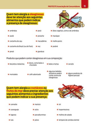 PROTESTE Associação de Consumidores 11
Quem temalergiaaoleaginosas
deve teratenção aosseguintes
alimentosquepodemindicar
a presençadeoleaginosas:
✖ amêndoa ✖ pecã ✖ óleos vegetais, como o de amêndoa
✖ avelã ✖ pistache ✖ marzipan
✖ castanha de caju ✖ macadâmia ✖ molho pesto
✖ castanha do Brasil (ou do Pará) ✖ noz ✖ praliné
✖ pinoli ✖ gianduia
Produtos que podem conter oleaginosas em sua composição:
✖ biscoitos e bolachas
✖ doces, como balas e
chocolate
✖ bolos e tortas ✖ sorvete
✖ mortadela ✖ café saborizado
✖ algumas bebidas
alcóolicas podem
conter aroma de
oleaginosas
✖ alguns produtos de
higiene pessoal
Quem tem alergia a crustáceos ou
frutos do mar deve prestar atenção aos
seguintes alimentos e ingredientes
que podem indicar a sua presença:
✖ camarão ✖ marisco ✖ siri
✖ caranguejo ✖ ostra ✖ tropomiosinas
✖ lagosta ✖ parvalbuminas ✖ molhos de salada
✖ lula ✖ polvo ✖ tempero de comida oriental
 