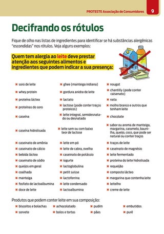 PROTESTE Associação de Consumidores 9
Decifrando os rótulos
Fique de olho nas listas de ingredientes para identificar se há substâncias alergênicas
“escondidas” nos rótulos. Veja alguns exemplos:
Quem tem alergia ao leite deve prestar
atenção aos seguintes alimentos e
ingredientes que podem indicar a sua presença:
✖ soro de leite ✖ ghee (manteiga indiana) ✖ nougat
✖ whey protein ✖ gordura anidra de leite
✖ chantilly (pode conter
caisenato)
✖ proteína láctea ✖ lactato ✖ nata
✖ proteínas do soro
✖ lactose (pode conter traços
proteicos)
✖ molho branco e outros que
tenham leite
✖ caseína
✖ leite integral, semidesnata-
do ou desnatado
✖ chocolate
✖ caseína hidrolisada
✖ leite sem ou com baixo
teor de lactose
✖ sabor ou aroma de manteiga,
margarina, caramelo, bauni-
lha, queijo, coco, que pode ser
natural ou conter traços
✖ caseinato de amônia ✖ leite em pó ✖ traços de leite
✖ caseinato de cálcio ✖ leite de cabra, ovelha ✖ caseinato de magnésio
✖ bebida láctea ✖ caseinato de potássio ✖ leite fermentado
✖ caseinato de sódio ✖ iogurte ✖ proteína do leite hidrolisada
✖ queijos em geral ✖ lactoglobulina ✖ requeijão
✖ coalhada ✖ petit suisse ✖ composto lácteo
✖ manteiga ✖ lactoferrina ✖ margarina que contenha leite
✖ fosfato de lactoalbumina ✖ leite condensado ✖ leitelho
✖ doce de leite ✖ lactoalbumina ✖ creme de leite
Produtos que podem conter leite em sua composição:
✖ biscoitos e bolachas ✖ achocolatado ✖ pudim ✖ embutidos
✖ sorvete ✖ bolos e tortas ✖ pães ✖ purê
 