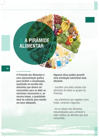 3. A Pirâmide
Alimentar

14

A Pirâmide dos Alimentos é
uma representação gráfica
para facilitar a visualização,
auxiliando na escolha dos
alimentos que devem ser
consumidos para se obter os
nutrientes necessários e, ao
mesmo tempo, a quantidade
ideal de calorias para manter
um peso adequado.

Algumas dicas podem garantir
uma orientação nutricional mais
eficiente:
- escolher uma dieta variada com
alimentos de todos os grupos da
Pirâmide;
- dar preferência aos vegetais como
frutas, verduras e legumes;
- ler os rótulos dos alimentos
industrializados para conhecer o
valor nutritivo do alimento que será
consumido;

 