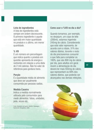 Lista de ingredientes
A lista de ingredientes está
sempre em ordem decrescente.
O primeiro ingrediente é aquele
que está em maior quantidade
no produto e o último, em menor
quantidade.
% VD
É um número em porcentagem
que indica quanto o produto em
questão apresenta de energia e
nutrientes em relação a uma dieta
de 2 mil calorias. Não há valor de
referência para gordura trans.
Porção
É a quantidade média de alimento
que deve ser usualmente
consumida por pessoas sadias.
Medida Caseira
Indica a medida normalmente
utilizada pelo consumidor para
medir alimentos: fatias, unidades,
pote, xícara etc.
Fonte: Ministério da Saúde. ANVISA. Rotulagem
Nutricional Obrigatória. 2005.

Como usar o %VD no dia a dia?
Quando tomamos, por exemplo,
no desjejum, um copo de leite
(200ml), estamos ingerindo
245mg de cálcio. Considerando
que este valor representa, de
acordo com o rótulo, 31% dos
valores diários, durante o resto
do dia precisaremos consumir
o que falta para completar os
100%, que são 800 mg de cálcio
por dia, para adultos em geral.
Assim a alimentação do dia
deverá ter mais 555mg de cálcio,
que representam os 69% dos
valores diários, que poderão ser
alcançados nas demais refeições.

17

 