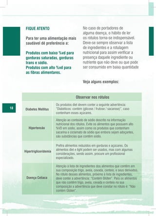 FIQUE ATENTO
Para ter uma alimentação mais
saudável dê preferência a:
Produtos com baixo %vd para
gorduras saturadas, gorduras
trans e sódio.
Produtos com alto %vd para
as fibras alimentares.

No caso de portadores de
alguma doença, o hábito de ler
os rótulos torna-se indispensável.
Deve-se sempre observar a lista
de ingredientes e a rotulagem
nutricional para assim verificar a
presença daquele ingrediente ou
nutriente que não deve ou que pode
ser consumido em baixa quantidade
Veja alguns exemplos:

Observar nos rótulos
18

Diabetes Mellitus

Os produtos diet devem conter a seguinte advertência:
“Diabéticos: contém (glicose / frutose / sacarose)”, caso
contenham esses açúcares.

Hipertensão

Atenção ao conteúdo de sódio descrito na informação
nutricional dos rótulos. Evite os alimentos que possuem alto
%VD em sódio, assim como os produtos que contenham
sacarina e ciclamato de sódio que embora sejam adoçantes,
são substâncias que contêm sódio.

Hipertrigliceridemia

Prefira alimentos reduzidos em gorduras e açúcares. Os
alimentos diet e light podem ser usados, mas com algumas
considerações, sendo assim, procure um profissional
especializado.

Doença Celíaca

Atenção à lista de ingredientes dos alimentos que contêm em
sua composição trigo, aveia, cevada, centeio, e seus derivados.
No rótulo desses alimentos, próximo à lista de ingredientes,
deve conter a advertência: “Contém Glúten”. Para os alimentos
que não contêm trigo, aveia, cevada e centeio na sua
composição a advertência que deve constar no rótulo é: “Não
contém Glúten”.

 