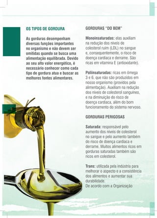 Os tipos de gordura
As gorduras desempenham
diversas funções importantes
no organismo e não devem ser
omitidas quando se busca uma
alimentação equilibrada. Devido
ao seu alto valor energético, é
necessário conhecer como cada
tipo de gordura atua e buscar as
melhores fontes alimentares.

8

Gorduras “do bem”
Monoinsaturadas: elas auxiliam
na redução dos níveis de
colesterol ruim (LDL) no sangue
e, consequentemente, o risco de
doença cardíaca e derrame. São
ricas em vitamina E (antioxidante).
Poliinsaturadas: ricas em ômega
3 e 6, que não são produzidos em
nosso organismo (providos pela
alimentação). Auxiliam na redução
dos níveis de colesterol sanguíneo,
e na diminuição do risco de
doença cardíaca, além do bom
funcionamento do sistema nervoso.
Gorduras Perigosas
Saturada: responsável pelo
aumento dos níveis de colesterol
no sangue e pelo aumento também
do risco de doença cardíaca e
derrame. Muitos alimentos ricos em
gorduras saturadas também são
ricos em colesterol.
Trans: utilizada pela indústria para
melhorar o aspecto e a consistência
dos alimentos e aumentar sua
durabilidade.
De acordo com a Organização

 