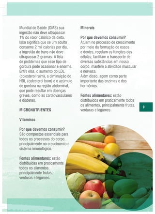 Mundial de Saúde (OMS) sua
ingestão não deve ultrapassar
1% do valor calórico da dieta.
Isso significa que se um adulto
consome 2 mil calorias por dia,
a ingestão de trans não deve
ultrapassar 2 gramas. A lista
de problemas que esse tipo de
gordura pode ocasionar é enorme.
Entre elas, o aumento do LDL
(colesterol ruim), a diminuição do
HDL (colesterol bom) e o acúmulo
de gordura na região abdominal,
que pode resultar em doenças
graves, como as cardiovasculares
e diabetes.
Micronutrientes
Vitaminas
Por que devemos consumir?
São compostos essenciais para
todos os processos do corpo,
principalmente no crescimento e
sistema imunológico.
Fontes alimentares: estão
distribuídas em praticamente
todos os alimentos,
principalmente frutas,
verduras e legumes.

Minerais
Por que devemos consumir?
Atuam no processo de crescimento
por meio da formação de ossos
e dentes, regulam as funções das
células, facilitam o transporte de
diversas substâncias em nosso
corpo, mantêm a atividade muscular
e nervosa.
Além disso, agem como parte
importante das enzimas e dos
hormônios.
Fontes alimentares: estão
distribuídos em praticamente todos
os alimentos, principalmente frutas,
verduras e legumes.

9

 