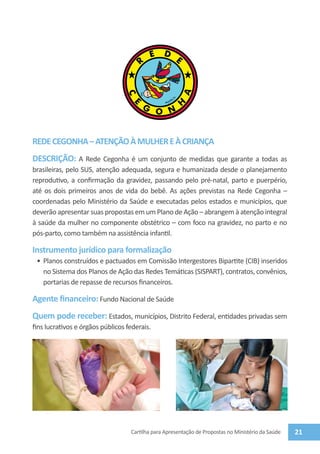 Rede Cegonha
REDE CEGONHA – ATENÇÃO À MULHER E À CRIANÇA
DESCRIÇÃO: A Rede Cegonha é um conjunto de medidas que garante a todas as
brasileiras, pelo SUS, atenção adequada, segura e humanizada desde o planejamento
reprodutivo, a confirmação da gravidez, passando pelo pré-natal, parto e puerpério,
até os dois primeiros anos de vida do bebê. As ações previstas na Rede Cegonha –
coordenadas pelo Ministério da Saúde e executadas pelos estados e municípios, que
deverão apresentar suas propostas em um Plano de Ação – abrangem à atenção integral
à saúde da mulher no componente obstétrico – com foco na gravidez, no parto e no
pós-parto, como também na assistência infantil.

Instrumento jurídico para formalização
                                                          Rede
                                                          Cegonha
 •	 Planos construídos e pactuados em Comissão Intergestores Bipartite (CIB) inseridos
   no Sistema dos Planos de Ação das Redes Temáticas (SISPART), contratos, convênios,
   portarias de repasse de recursos financeiros.

Agente financeiro: Fundo Nacional de Saúde
Quem pode receber: Estados, municípios, Distrito Federal, entidades privadas sem
fins lucrativos e órgãos públicos federais.




                                   Cartilha para Apresentação de Propostas no Ministério da Saúde   21
 