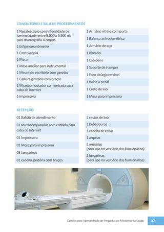 CONSULTÓRIO E SALA DE PROCEDIMENTOS
1 Negatoscópio com intensidade de                  1 Armário vitrine com porta
luminosidade entre 3.000 a 3.500 nit
para mamografia 4 corpos                           1 Balança antropométrica

1 Esfigmomanômetro                                 1 Armário de aço
1 Estetoscópio                                     1 Biombo
1 Maca                                             1 Cabideiro
1 Mesa auxiliar para instrumental                  1 Suporte de Hamper
1 Mesa tipo escritório com gavetas
                                                   1 Foco cirúrgico móvel
1 Cadeira giratória com braços
                                                   1 Balde a pedal
1 Microcomputador com entrada para
cabo de internet                                   1 Cesto de lixo
1 Impressora                                       1 Mesa para impressora


RECEPÇÃO
01 Balcão de atendimento                           2 cestos de lixo
01 Microcomputador com entrada para                2 bebedouros
cabo de internet                                   1 cadeira de rodas
01 Impressora                                      1 arquivo
01 Mesa para impressora                            2 armários
                                                   (para uso no vestiário dos funcionários)
03 Longarinas
                                                   2 longarinas
01 cadeira giratória com braços                    (para uso no vestiário dos funcionários)




                                    Cartilha para Apresentação de Propostas no Ministério da Saúde   37
 
