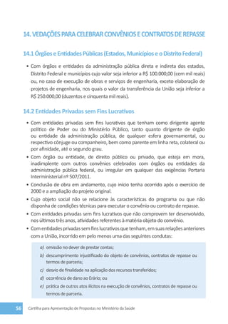 14. VEDAÇÕES PARA CELEBRAR CONVÊNIOS E CONTRATOS DE REPASSE

     14.1 Órgãos e Entidades Públicas (Estados, Municípios e o Distrito Federal)
      •	 Com órgãos e entidades da administração pública direta e indireta dos estados,
         Distrito Federal e municípios cujo valor seja inferior a R$ 100.000,00 (cem mil reais)
         ou, no caso de execução de obras e serviços de engenharia, exceto elaboração de
         projetos de engenharia, nos quais o valor da transferência da União seja inferior a
         R$ 250.000,00 (duzentos e cinquenta mil reais).

     14.2 Entidades Privadas sem Fins Lucrativos
      •	 Com entidades privadas sem fins lucrativos que tenham como dirigente agente
         político de Poder ou do Ministério Público, tanto quanto dirigente de órgão
         ou entidade da administração pública, de qualquer esfera governamental, ou
         respectivo cônjuge ou companheiro, bem como parente em linha reta, colateral ou
         por afinidade, até o segundo grau.
      •	 Com órgão ou entidade, de direito público ou privado, que esteja em mora,
         inadimplente com outros convênios celebrados com órgãos ou entidades da
         administração pública federal, ou irregular em qualquer das exigências Portaria
         Interministerial nº 507/2011.
      •	 Conclusão de obra em andamento, cujo início tenha ocorrido após o exercício de
         2000 e a ampliação do projeto original.
      •	 Cujo objeto social não se relacione às características do programa ou que não
         disponha de condições técnicas para executar o convênio ou contrato de repasse.
      •	 Com entidades privadas sem fins lucrativos que não comprovem ter desenvolvido,
         nos últimos três anos, atividades referentes à matéria objeto do convênio.
      •	 Com entidades privadas sem fins lucrativos que tenham, em suas relações anteriores
         com a União, incorrido em pelo menos uma das seguintes condutas:

             a)	 omissão no dever de prestar contas;
             b)	 descumprimento injustificado do objeto de convênios, contratos de repasse ou
                 termos de parceria;
             c)	 desvio de finalidade na aplicação dos recursos transferidos;
             d)	 ocorrência de dano ao Erário; ou
             e)	 prática de outros atos ilícitos na execução de convênios, contratos de repasse ou
                 termos de parceria.


56     Cartilha para Apresentação de Propostas no Ministério da Saúde
 