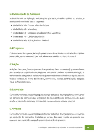 6.3 Modalidade de Aplicação
As Modalidades de Aplicação indicam para qual setor, da esfera pública ou privada, o
recurso será destinado. São as seguintes:
 •	 Modalidade 30 – Estados e Distrito Federal
 •	 Modalidade 40 – Municípios
 •	 Modalidade 50 – Entidades privadas sem fins Lucrativos
 •	 Modalidade 70 – Consórcios públicos
 •	 Modalidade 90 – Aplicação direta (Federal)


6.4 Programa
É o instrumento de organização da ação governamental que visa à concretização dos objetivos
pretendidos, sendo mensurado por indicadores estabelecidos no Plano Plurianual.


6.5 Ação
As Ações são operações das quais resultam produtos (bens ou serviços), que contribuem
para atender ao objetivo de um programa. Incluem-se também no conceito de ação as
transferências obrigatórias ou voluntárias para outros entes da federação e para pessoas
físicas e jurídicas, na forma de subsídios, subvenções, auxílios, contribuições, doações,
etc. e os financiamentos.


6.6 Atividade
É um instrumento de programação para alcançar o objetivo de um programa, envolvendo
um conjunto de operações que se realizam de modo contínuo e permanente, das quais
resulta um produto ou serviço necessário à manutenção da ação de governo.


6.7 Projeto
É um instrumento de programação para alcançar o objetivo de um programa, envolvendo
um conjunto de operações, limitadas no tempo, das quais resulta um produto que
concorre para expansão ou aperfeiçoamento da ação de governo.


                                   Cartilha para Apresentação de Propostas no Ministério da Saúde   89
 