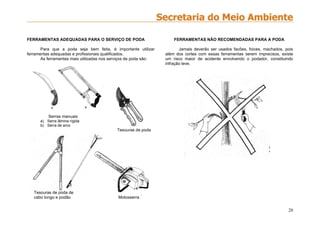 20
FERRAMENTAS ADEQUADAS PARA O SERVIÇO DE PODA
Para que a poda seja bem feita, é importante utilizar
ferramentas adequadas e profissionais qualificados.
As ferramentas mais utilizadas nos serviços de poda são:
Serras manuais
a) Serra lâmina rígida
b) Serra de arco
Tesouras de poda
Tesouras de poda de
cabo longo e podão Motosserra
FERRAMENTAS NÃO RECOMENDADAS PARA A PODA
Jamais deverão ser usados facões, foices, machados, pois
além dos cortes com essas ferramentas serem imprecisos, existe
um risco maior de acidente envolvendo o podador, constituindo
infração leve.
 