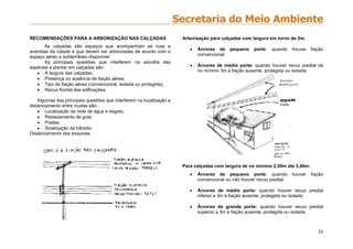 26
RECOMENDAÇÕES PARA A ARBORIZAÇÃO NAS CALÇADAS
As calçadas são espaços que acompanham as ruas e
avenidas da cidade e que devem ser arborizadas de acordo com o
espaço aéreo e subterrâneo disponível.
As principais questões que interferem na escolha das
espécies a plantar em calçadas são:
 A largura das calçadas;
 Presença ou ausência de fiação aérea;
 Tipo de fiação aérea (convencional, isolada ou protegida);
 Recuo frontal das edificações.
Algumas das principais questões que interferem na localização e
distanciamento entre mudas são:
 Localização da rede de água e esgoto;
 Rebaixamento de guia;
 Postes;
 Sinalização de trânsito;
Distanciamento das esquinas.
Arborização para calçadas com largura em torno de 2m.
 Árvores de pequeno porte: quando houver fiação
convencional
 Árvores de médio porte: quando houver recuo predial de
no mínimo 3m e fiação ausente, protegida ou isolada.
Para calçadas com largura de no mínimo 2,50m até 3,40m:
 Árvores de pequeno porte: quando houver fiação
convencional ou não houver recuo predial.
 Árvores de médio porte: quando houver recuo predial
inferior a 3m e fiação ausente, protegida ou isolada;
 Árvores de grande porte: quando houver recuo predial
superior a 3m e fiação ausente, protegida ou isolada.
 