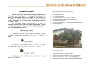 5
CRITÉRIOS DE PLANTIO
Não há uma espécie ideal de árvore e o importante é a maior
variedade possível de espécies na arborização da cidade, para
atrair uma diversidade maior de animais, o que permite um
reequilíbrio na cadeia alimentar do ambiente urbano. O maior
número de espécies de árvores embeleza a cidade pela variedade
de formas e cores.
Na arborização urbana classificamos as árvores em
pequeno, médio e grande porte, com a função de orientar o plantio
nas calçadas para evitar conflitos com redes de fiação, edificações e
com fluxo de pedestres e veículos.
PEQUENO PORTE
Espécies que em fase adulta atingem, no máximo, 6 metros
de altura e que possuem um diâmetro de copa de 5 metros, em
média.
MÉDIO PORTE
Espécies que na fase adulta atingem, no máximo, 12 metros
de altura e cujo diâmetro da copa é, em média, de 7 metros.
GRANDE PORTE
Espécies com altura a 12 metros e com diâmetro de copa
superior a 10 metros.
As espécies preferencialmente devem:
 Dar frutos pequenos;
 Ter flores pequenas;
 Ter folhas coriáceas ou pouco suculentas;
 Não apresentar princípios tóxicos perigosos;
 Apresentar rusticidade;
 Ter sistema radicular que não prejudique o calçamento;
 Não ter espinhos.
Evitar espécies que:
 Tornem necessária a poda freqüente;
 Tenham cerne frágil ou caule e ramos quebradiços;
 Sejam suscetíveis ao ataque de cupins e brocas;
 Sejam suscetíveis ao ataque de agentes patogênicos.
 
