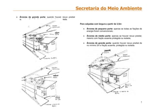 7
 Árvores de grande porte: quando houver recuo predial
superior a 3m e fiação ausente, protegida ou isolada.
Para calçadas com largura a partir de 3,5m:
 Árvores de pequeno porte: apenas se todas as fiações de
energia forem convencionais;
 Árvores de médio porte: apenas se houver recuo predial,
mesmo com fiação ausente protegida ou isolada;
 Árvores de grande porte: quando houver recuo predial de
no mínimo 3m e fiação ausente, protegida ou isolada.
 