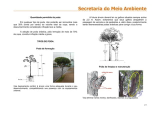 17
Quantidade permitida da poda
Em qualquer tipo de poda, não poderão ser removidos mais
que 30% (trinta por cento) do volume total da copa, sendo o
descumprimento considerado infração leve a média.
A adoção de poda drástica, pela remoção de mais de 70%
da copa, constitui infração média a grave.
TIPOS DE PODA
Poda de formação
Visa basicamente conferir à árvore uma forma adequada durante o seu
desenvolvimento, compatibilizando sua presença com os equipamentos
urbanos.
A futura árvore deverá ter os galhos situados sempre acima
de 2,0 m. Assim, evitaremos que seus galhos atrapalhem a
passagem de veículos e de pedestres e, além disso, posteriormente
serão desnecessárias podas drásticas para corrigir a sua forma.
Poda de limpeza e manutenção
Visa eliminar ramos mortos, danificados, doentes ou praguejados.
 