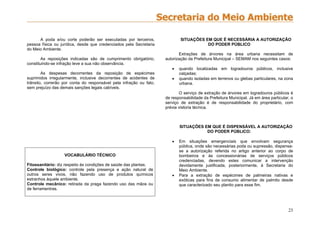 23
A poda e/ou corte poderão ser executadas por terceiros,
pessoa física ou jurídica, desde que credenciados pela Secretaria
do Meio Ambiente.
As reposições indicadas são de cumprimento obrigatório,
constituindo-se infração leve a sua não observância.
As despesas decorrentes da reposição de espécimes
suprimidos irregularmente, inclusive decorrentes de acidentes de
trânsito, correrão por conta do responsável pela infração ou fato,
sem prejuízo das demais sanções legais cabíveis.
VOCABULÁRIO TÉCNICO
Fitossanitário: diz respeito às condições de saúde das plantas.
Controle biológico: controle pela presença e ação natural de
outros seres vivos, não fazendo uso de produtos químicos
estranhos àquele ambiente.
Controle mecânico: retirada da praga fazendo uso das mãos ou
de ferramentras.
SITUAÇÕES EM QUE É NECESSÁRIA A AUTORIZAÇÃO
DO PODER PÚBLICO
Extrações de árvores na área urbana necessitam de
autorização da Prefeitura Municipal – SEMAM nos seguintes casos:
 quando localizadas em logradouros públicos, inclusive
calçadas;
 quando isoladas em terrenos ou glebas particulares, na zona
urbana.
O serviço de extração de árvores em logradouros públicos é
de responsabilidade da Prefeitura Municipal. Já em área particular, o
serviço de extração é de responsabilidade do proprietário, com
prévia vistoria técnica.
SITUAÇÕES EM QUE É DISPENSÁVEL A AUTORIZAÇÃO
DO PODER PÚBLICO:
 Em situações emergenciais que envolvam segurança
pública, onde são necessárias poda ou supressão, dispensa-
se a autorização referida no artigo anterior ao corpo de
bombeiros e às concessionárias de serviços públicos
credenciadas, devendo estes comunicar a intervenção
devidamente justificada, posteriormente, à Secretaria do
Meio Ambiente.
 Para a extração de espécimes de palmeiras nativas e
exóticas para fins de consumo alimentar de palmito desde
que caracterizado seu plantio para esse fim.
 