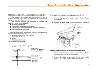 6
RECOMENDAÇÕES PARA A ARBORIZAÇÃO NAS CALÇADAS
As calçadas são espaços que acompanham as ruas e
avenidas da cidade e que devem ser arborizadas de acordo com o
espaço aéreo e subterrâneo disponível.
As principais questões que interferem na escolha das
espécies a plantar em calçadas são:
 A largura das calçadas;
 Presença ou ausência de fiação aérea;
 Tipo de fiação aérea (convencional, isolada ou protegida);
 Recuo frontal das edificações.
Algumas das principais questões que interferem na localização e
distanciamento entre mudas são:
 Localização da rede de água e esgoto;
 Rebaixamento de guia;
 Postes;
 Sinalização de trânsito;
Distanciamento das esquinas.
Arborização para calçadas com largura em torno de 2m.
 Árvores de pequeno porte: quando houver fiação
convencional
 Árvores de médio porte: quando houver recuo predial de
no mínimo 3m e fiação ausente, protegida ou isolada.
Para calçadas com largura de no mínimo 2,50m até 3,40m:
 Árvores de pequeno porte: quando houver fiação
convencional ou não houver recuo predial.
 Árvores de médio porte: quando houver recuo predial
inferior a 3m e fiação ausente, protegida ou isolada;
 