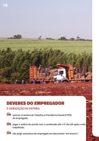 18
DEVERES DO EMPREGADOR
É OBRIGAÇÃO DO PATRÃO:
assinar a Carteira de Trabalho e Previdência Social (CTPS)
do empregado;
pagar o salário de acordo com o combinado até o 5º dia útil após o mês
trabalhado;
não exigir assinatura do empregado em documento “em branco”;
 