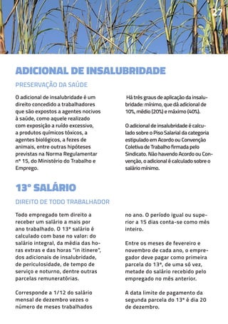 13º SALÁRIO
Todo empregado tem direito a
receber um salário a mais por
ano trabalhado. O 13º salário é
calculado com base no valor: do
salário integral, da média das ho-
ras extras e das horas “in itinere”,
dos adicionais de insalubridade,
de periculosidade, de tempo de
serviço e noturno, dentre outras
parcelas remuneratórias.
Corresponde a 1/12 do salário
mensal de dezembro vezes o
número de meses trabalhados
no ano. O período igual ou supe-
rior a 15 dias conta-se como mês
inteiro.
Entre os meses de fevereiro e
novembro de cada ano, o empre-
gador deve pagar como primeira
parcela do 13º, de uma só vez,
metade do salário recebido pelo
empregado no mês anterior.
A data limite de pagamento da
segunda parcela do 13º é dia 20
de dezembro.
2727
ADICIONAL DE INSALUBRIDADE
O adicional de insalubridade é um
direito concedido a trabalhadores
que são expostos a agentes nocivos
à saúde, como aquele realizado
com exposição a ruído excessivo,
a produtos químicos tóxicos, a
agentes biológicos, a fezes de
animais, entre outras hipóteses
previstas na Norma Regulamentar
nº 15, do Ministério do Trabalho e
Emprego.
Há três graus de aplicação da insalu-
bridade: mínimo, que dá adicional de
10%, médio (20%) e máximo (40%).
O adicional de insalubridade é calcu-
lado sobre o Piso Salarial da categoria
estipulado em Acordo ou Convenção
Coletiva de Trabalho firmada pelo
Sindicato. Não havendo Acordo ou Con-
venção, o adicional é calculado sobre o
salário mínimo.
DIREITO DE TODO TRABALHADOR
PRESERVAÇÃO DA SAÚDE
 