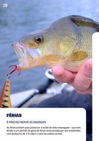 FÉRIAS
As férias existem para preservar a saúde de todo empregado – que tem
direito a um período de gozo de férias remuneradas por ano trabalhado,
com acréscimo de 1/3 sobre o valor do salário normal.
28
É PRECISO REPOR AS ENERGIAS
 