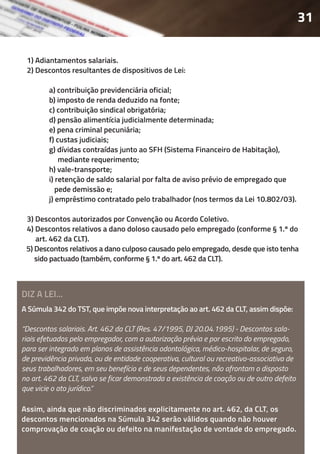 A Súmula 342 do TST, que impõe nova interpretação ao art. 462 da CLT, assim dispõe:
“Descontos salariais. Art. 462 da CLT (Res. 47/1995, DJ 20.04.1995) - Descontos sala-
riais efetuados pelo empregador, com a autorização prévia e por escrito do empregado,
para ser integrado em planos de assistência odontológica, médico-hospitalar, de seguro,
de previdência privada, ou de entidade cooperativa, cultural ou recreativo-associativa de
seus trabalhadores, em seu benefício e de seus dependentes, não afrontam o disposto
no art. 462 da CLT, salvo se ficar demonstrada a existência de coação ou de outro defeito
que vicie o ato jurídico.”
1) Adiantamentos salariais.
2) Descontos resultantes de dispositivos de Lei:
	 a) contribuição previdenciária oficial;
	 b) imposto de renda deduzido na fonte;
	 c) contribuição sindical obrigatória;
	 d) pensão alimentícia judicialmente determinada;
	 e) pena criminal pecuniária;
	 f) custas judiciais;
	 g) dívidas contraídas junto ao SFH (Sistema Financeiro de Habitação),
	 mediante requerimento;
	 h) vale-transporte;
	 i) retenção de saldo salarial por falta de aviso prévio de empregado que
	 pede demissão e;
	 j) empréstimo contratado pelo trabalhador (nos termos da Lei 10.802/03).
3) Descontos autorizados por Convenção ou Acordo Coletivo.
4) Descontos relativos a dano doloso causado pelo empregado (conforme § 1.º do
art. 462 da CLT).
5) Descontos relativos a dano culposo causado pelo empregado, desde que isto tenha
sido pactuado (também, conforme § 1.º do art. 462 da CLT).
Assim, ainda que não discriminados explicitamente no art. 462, da CLT, os
descontos mencionados na Súmula 342 serão válidos quando não houver
comprovação de coação ou defeito na manifestação de vontade do empregado.
31
DIZ A LEI...
 
