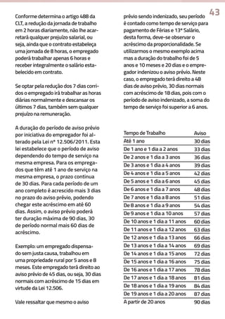 Conforme determina o artigo 488 da
CLT, a redução da jornada de trabalho
em 2 horas diariamente, não lhe acar-
retará qualquer prejuízo salarial, ou
seja, ainda que o contrato estabeleça
uma jornada de 8 horas, o empregado
poderá trabalhar apenas 6 horas e
receber integralmente o salário esta-
belecido em contrato.
Se optar pela redução dos 7 dias corri-
dos o empregado irá trabalhar as horas
diárias normalmente e descansar os
últimos 7 dias, também sem qualquer
prejuízo na remuneração.
A duração do período de aviso prévio
por iniciativa do empregador foi al-
terado pela Lei nº 12.506/2011. Esta
lei estabelece que o período de aviso
dependendo do tempo de serviço na
mesma empresa. Para os emprega-
dos que têm até 1 ano de serviço na
mesma empresa, o prazo continua
de 30 dias. Para cada período de um
ano completo é acrescido mais 3 dias
no prazo do aviso prévio, podendo
chegar este acréscimo em até 60
dias. Assim, o aviso prévio poderá
ter duração máxima de 90 dias, 30
de período normal mais 60 dias de
acréscimo.
Exemplo: um empregado dispensa-
do sem justa causa, trabalhou em
uma propriedade rural por 5 anos e 8
meses. Este empregado terá direito ao
aviso prévio de 45 dias, ou seja, 30 dias
normais com acréscimo de 15 dias em
virtude da Lei 12.506.
Vale ressaltar que mesmo o aviso
prévio sendo indenizado, seu período
é contado como tempo de serviço para
pagamento de Férias e 13º Salário,
desta forma, deve-se observar o
acréscimo da proporcionalidade. Se
utilizarmos o mesmo exemplo acima
mas a duração do trabalho foi de 5
anos e 10 meses e 20 dias e o empre-
gador indenizou o aviso prévio. Neste
caso, o empregado terá direito a 48
dias de aviso prévio, 30 dias normais
com acréscimo de 18 dias, pois com o
período de aviso indenizado, a soma do
tempo de serviço foi superior a 6 anos.
Tempo de Trabalho
Até 1 ano
De 1 ano e 1 dia a 2 anos
De 2 anos e 1 dia a 3 anos
De 3 anos e 1 dia a 4 anos
De 4 anos e 1 dia a 5 anos
De 5 anos e 1 dia a 6 anos
De 6 anos e 1 dia a 7 anos
De 7 anos e 1 dia a 8 anos
De 8 anos e 1 dia a 9 anos
De 9 anos e 1 dia a 10 anos
De 10 anos e 1 dia a 11 anos
De 11 anos e 1 dia a 12 anos
De 12 anos e 1 dia a 13 anos
De 13 anos e 1 dia a 14 anos
De 14 anos e 1 dia a 15 anos
De 15 anos e 1 dia a 16 anos
De 16 anos e 1 dia a 17 anos
De 17 anos e 1 dia a 18 anos
De 18 anos e 1 dia a 19 anos
De 19 anos e 1 dia a 20 anos
A partir de 20 anos
Aviso
30 dias
33 dias
36 dias
39 dias
42 dias
45 dias
48 dias
51 dias
54 dias
57 dias
60 dias
63 dias
66 dias
69 dias
72 dias
75 dias
78 dias
81 dias
84 dias
87 dias
90 dias
43
 