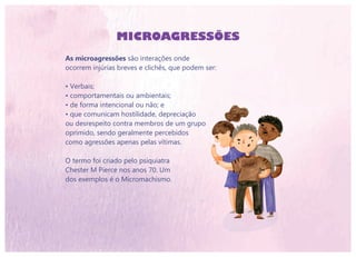 MICROAGRESSÕES
As microagressões são interações onde
ocorrem injúrias breves e clichês, que podem ser:
• Verbais;
• comportamentais ou ambientais;
• de forma intencional ou não; e
• que comunicam hostilidade, depreciação
ou desrespeito contra membros de um grupo
oprimido, sendo geralmente percebidos
como agressões apenas pelas vítimas.
O termo foi criado pelo psiquiatra
Chester M Pierce nos anos 70. Um
dos exemplos é o Micromachismo.
 