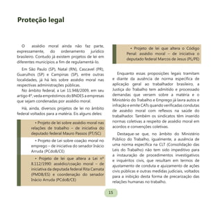 15
O assédio moral ainda não faz parte,
expressamente, do ordenamento jurídico
brasileiro. Contudo já existem projetos de lei em
diferentes municípios a fim de regulamentá-lo.
Em São Paulo (SP), Natal (RN), Cascavel (PR),
Guarulhos (SP) e Campinas (SP), entre outras
localidades, já há leis sobre assédio moral nas
respectivas administrações públicas.
No âmbito federal, a Lei 11.948/2009, em seu
artigo 4º, veda empréstimos do BNDES a empresas
que sejam condenadas por assédio moral.
Há, ainda, diversos projetos de lei no âmbito
federal voltados para a matéria. Eis alguns deles:
• Projeto de lei sobre assédio moral nas
relações de trabalho – de iniciativa do
deputado federal Mauro Passos (PT/SC)
• Projeto de Lei sobre coação moral no
emprego – de iniciativa do senador Inácio
Arruda (PCdoB/CE)
• Projeto de lei que altera a Lei nº
8.112/1990: assédio/coação moral – de
iniciativa da deputada federal Rita Camata
(PMDB/ES) e coordenação do senador
Inácio Arruda (PCdoB/CE)
• Projeto de lei que altera o Código
Penal: assédio moral – de iniciativa o
deputado federal Marcos de Jesus (PL/PE)
Enquanto essas proposições legais tramitam
e diante da ausência de norma específica de
aplicação geral ao trabalhador brasileiro, a
Justiça do Trabalho tem admitido e processado
demandas que versem sobre a matéria e o
Ministério do Trabalho e Emprego já lavra autos e
infração e emite CATs quando verificadas condutas
de assédio moral com reflexos na saúde do
trabalhador. Também os sindicatos têm inserido
normas coletivas a respeito de assédio moral em
acordos e convenções coletivas.
Destaque-se que, no âmbito do Ministério
Público do Trabalho, igualmente, a ausência de
uma norma específica na CLT (Consolidação das
Leis do Trabalho) não tem sido impeditivo para
a instauração de procedimentos investigativos
e inquéritos civis, que resultam em termos de
ajustamento de conduta e ajuizamento de ações
civis públicas e outras medidas judiciais, voltados
para a inibição desta forma de precarização das
relações humanas no trabalho.
Proteção legal
 