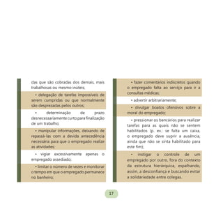 17
das que são cobradas dos demais, mais
trabalhosas ou mesmo inúteis;
• delegação de tarefas impossíveis de
serem cumpridas ou que normalmente
são desprezadas pelos outros;
• determinação de prazo
desnecessariamentecurtoparafinalização
de um trabalho;
• manipular informações, deixando de
repassá-las com a devida antecedência
necessária para que o empregado realize
as atividades;
• vigiar excessivamente apenas o
empregado assediado;
• limitar o número de vezes e monitorar
o tempo em que o empregado permanece
no banheiro;
• fazer comentários indiscretos quando
o empregado falta ao serviço para ir a
consultas médicas;
• advertir arbitrariamente;
• divulgar boatos ofensivos sobre a
moral do empregado;
• pressionar os bancários para realizar
tarefas para as quais não se sentem
habilitados (p. ex.: se falta um caixa,
o empregado deve suprir a ausência,
ainda que não se sinta habilitado para
este fim);
• instigar o controle de um
empregado por outro, fora do contexto
da estrutura hierárquica, espalhando,
assim, a desconfiança e buscando evitar
a solidariedade entre colegas.
 