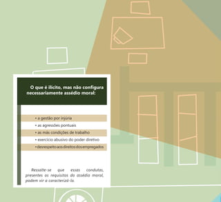 23
O que é ilícito, mas não conﬁgura
necessariamente assédio moral:
• a gestão por injúria
• as agressões pontuais
• as más condições de trabalho
• exercício abusivo do poder diretivo
•desrespeitoaosdireitosdosempregados
Ressalte-se que essas condutas,
presentes os requisitos do assédio moral,
podem vir a caracterizá-lo.
 