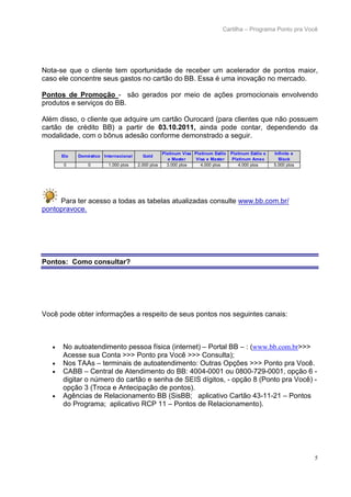 Cartilha – Programa Ponto pra Você




Nota-se que o cliente tem oportunidade de receber um acelerador de pontos maior,
caso ele concentre seus gastos no cartão do BB. Essa é uma inovação no mercado.

Pontos de Promoção - são gerados por meio de ações promocionais envolvendo
produtos e serviços do BB.

Além disso, o cliente que adquire um cartão Ourocard (para clientes que não possuem
cartão de crédito BB) a partir de 03.10.2011, ainda pode contar, dependendo da
modalidade, com o bônus adesão conforme demonstrado a seguir.

                                                  Platinum Visa Platinum Estilo   Platinum Estilo e   Infinite e
       Elo   Doméstico Internacional     Gold
                                                    e Master     Visa e Master     Platinum Amex        Black
        0        0       1.000 ptos    2.000 ptos   3.000 ptos     4.000 ptos         4.000 ptos      5.000 ptos




     Para ter acesso a todas as tabelas atualizadas consulte www.bb.com.br/
pontopravoce.




Pontos: Como consultar?




Você pode obter informações a respeito de seus pontos nos seguintes canais:



   •   No autoatendimento pessoa física (internet) – Portal BB – : (www.bb.com.br>>>
       Acesse sua Conta >>> Ponto pra Você >>> Consulta);
   •   Nos TAAs – terminais de autoatendimento: Outras Opções >>> Ponto pra Você.
   •   CABB – Central de Atendimento do BB: 4004-0001 ou 0800-729-0001, opção 6 -
       digitar o número do cartão e senha de SEIS dígitos, - opção 8 (Ponto pra Você) -
       opção 3 (Troca e Antecipação de pontos).
   •   Agências de Relacionamento BB (SisBB; aplicativo Cartão 43-11-21 – Pontos
       do Programa; aplicativo RCP 11 – Pontos de Relacionamento).




                                                                                                                   5
 