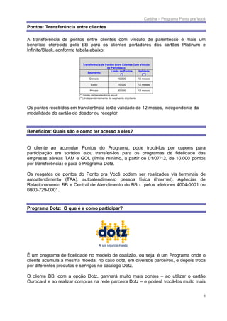 Cartilha – Programa Ponto pra Você

Pontos: Transferência entre clientes

A transferência de pontos entre clientes com vínculo de parentesco é mais um
benefício oferecido pelo BB para os clientes portadores dos cartões Platinum e
Infinite/Black, conforme tabela abaixo:


                          Transferência de Pontos entre Clientes Com Vínculo
                                            de Parentesco
                                               Limite de Pontos     Validade
                             Segmento
                                                      (*)             (**)
                               Demais                 10.000            12 meses

                                Estilo                15.000            12 meses

                                Private               30.000            12 meses
                        (*) Limite de transferência anual.
                        (**) Independentemente do segmento do cliente


Os pontos recebidos em transferência terão validade de 12 meses, independente da
modalidade do cartão do doador ou receptor.



Benefícios: Quais são e como ter acesso a eles
                                          eles?


O cliente ao acumular Pontos do Programa, pode trocá-los por cupons para
                                                           los
participação em sorteios e/ou transferi-los para os programas de fidelidade das
         ção                             los
empresas aéreas TAM e GOL (limite mínimo, a partir de 01/07/12, de 10.000 pontos
por transferência) e para o Programa Dotz.

Os resgates de pontos do Ponto pra Você p podem ser realizado via terminais de
                                                              os
autoatendimento (TAA), autoatendimento pessoa física (Internet) Agências de
                     ,                                  (Internet),
Relacionamento BB e Central de Atendimento do BB - pelos telefones 4004
                                                                    4004-0001 ou
0800-729-0001.



Programa Dotz: O que é e como participar
                              participar?




É um programa de fidelidade no modelo de coalizão, ou seja, é um Programa onde o
cliente acumula a mesma moeda, no caso dotz, em diversos parceiros, e depois troca
por diferentes produtos e serviços no catálogo Dotz.

O cliente BB, com a opção Dotz, ganhar muito mais pontos – ao utilizar o cartão
                                  ganhará
Ourocard e ao realizar compras na rede parceira Dotz – e poderá trocá
                                                                trocá-los muito mais


                                                                                                            6
 