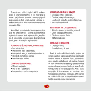 De acordo com a Lei de Licitações 8.666/93, será ven-cedora 
de um processo licitatório do tipo menor preço a 
empresa que justamente apresentar o menor preço global 
para execução do objeto licitado, ou seja, a empresa po-derá 
ser beneficiada se elaborar um bom orçamento com o 
menor valor global. 
A metodologia apresentada não é só empregada em obras 
civis, mas também em todo o universo de planejamento e 
orçamento de projetos, sendo exigida nas licitações públi-cas. 
O orçamentista, para composição do orçamento do 
projeto, poderá então seguir o seguinte roteiro: 
PLANEJAMENTO TÉCNICO BÁSICO, IDENTIFICANDO: 
• Principais serviços; 
• Encadeamento lógico das atividades; 
• Cronograma de execução, respeitando prazos técnicos; 
• Previsão de interferências externas; 
• Quantificação dos serviços. 
LEVANTAMENTO DOS INSUMOS: 
• Materiais precificados; 
• Mão-de-obra - custo horário; 
• Equipamentos – custo horário e produção. 
COMPOSIÇÃO ANALÍTICA DE SERVIÇOS: 
• Composição unitária dos serviços; 
• Consolidação da planilha de serviços; 
• Levantamento dos custos da administração local; 
• Soma do custo direto total. 
LEVANTAMENTO DOS CUSTOS INDIRETOS: 
• Rateio das despesas da administração central; 
• Cálculo das despesas financeiras; 
• Cálculos dos impostos diretos; 
• Arbitramento do lucro. 
CONCLUSÃO DO ORÇAMENTO: 
• Composição do BDI; 
• Formação do preço de venda. 
Depois de analisar o Edital de Licitações, projetos, me-moriais 
descritivos, especificações técnicas e demais do-cumentos 
inerentes ao projeto em disputa, o orçamentista 
deverá estudar detalhadamente este material, formando 
um amplo conhecimento sobre o serviço que será realizado, 
considerando aspectos como: localização, especificações 
técnicas, forma de medição e pagamento. Após a análise 
dos projetos técnicos existentes, será procedida a visita 
técnica ao local de realização dos serviços, a fim de proce-der 
à coleta final de dados de compatibilização do projeto e 
logística para então, iniciar-se o orçamento. 
12  