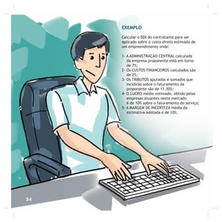 EXEMPLO
Calcular o BDI do contratante para ser
aplicado sobre o custo direto estimado de
um empreendimento onde:
1- A ADMINISTRAÇÃO CENTRAL calculada
da empresa proponente está em torno
de 7%;
2- Os CUSTOS FINANCEIROS calculados são
de 2%;
3- Os TRIBUTOS apurados e somados que
incidirão sobre o faturamento da
proponente são de 11,30%;
4- O LUCRO médio estimado, obtido pelas
empresas atuantes neste mercado
é de 10% sobre o faturamento do serviço;
5- A MARGEM DE INCERTEZA média da
estimativa adotada é de 10%.
34
 