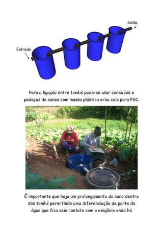 Para a ligação entre tonéis pode-se usar conexões e
pedaços de canos com massa plástica e/ou cola para PVC.
É importante que haja um prolongamento do cano dentro
dos tonéis permitindo uma diferenciação de parte da
água que fica sem contato com o oxigênio onde há
Saída
Entrada
 