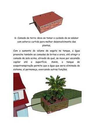 6- Camada de terra: deve-se tomar o cuidado de se adubar
com esterco curtido para melhor desenvolvimento das
plantas,
Com o aumento do volume de esgoto no tanque, a água
preenche também as camadas de britas e areia, até atingir a
camada de solo acima, através da qual, se move por ascensão
capilar até a superfície. Assim, o tanque de
evapotranspiração permite que a água que seria eliminada do
sistema, aí permaneça, exercendo outras funções.
 