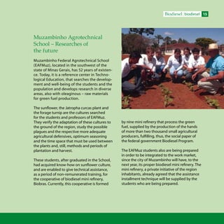 15Biodiesel biodiesel
Muzambinho Agrotechnical
School – Researches of
the future
Muzambinho Federal Agrotechnical School
(EAFMuz), located in the southwest of the
state of Minas Gerais, has 52 years of existen-
ce. Today, it is a reference center in Techno-
logical Education, that searches the develop-
ment and well-being of the students and the
population and develops research in diverse
areas, also with oleaginous – raw materials
for green fuel production.
The sunflower, the Jatropha curcas plant and
the forage turnip are the cultures searched
for the students and professors of EAFMuz.
They verify the adaptation of these cultures to
the ground of the region, study the possible
plagues and the respective more adequate
agricultural defensives, optimum seasoning
and the time space that must be used between
the plants and, still, methods and periods of
plantation and harvest.
These students, after graduated in the School,
had acquired know-how on sunflower culture,
and are enabled to give technical assistance,
as a period of non-remunerated training, for
the cooperative of biodiesel mini refinery,
Biobras. Currently, this cooperative is formed
by nine mini refinery that process the green
fuel, supplied by the production of the hands
of more than two thousand small agricultural
producers, fulfilling, thus, the social paper of
the federal government Biodiesel Program.
The EAFMuz students also are being prepared
in order to be integrated to the work market,
since the city of Muzambinho will have, to the
next year, its proper biodiesel mini refinery. The
mini refinery, a private initiative of the region
inhabitants, already agreed that the assistance
installment technique will be supplied by the
students who are being prepared.
 