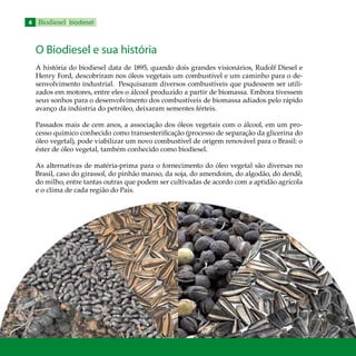 Biodiesel biodiesel
O Biodiesel e sua história
A história do biodiesel data de 1895, quando dois grandes visionários, Rudolf Diesel e
Henry Ford, descobriram nos óleos vegetais um combustível e um caminho para o de-
senvolvimento industrial. Pesquisaram diversos combustíveis que pudessem ser utili-
zados em motores, entre eles o álcool produzido a partir de biomassa. Embora tivessem
seus sonhos para o desenvolvimento dos combustíveis de biomassa adiados pelo rápido
avanço da indústria do petróleo, deixaram sementes férteis.
Passados mais de cem anos, a associação dos óleos vegetais com o álcool, em um pro-
cesso químico conhecido como transesterificação (processo de separação da glicerina do
óleo vegetal), pode viabilizar um novo combustível de origem renovável para o Brasil: o
éster de óleo vegetal, também conhecido como biodiesel.
As alternativas de matéria-prima para o fornecimento do óleo vegetal são diversas no
Brasil, caso do girassol, do pinhão manso, da soja, do amendoim, do algodão, do dendê,
do milho, entre tantas outras que podem ser cultivadas de acordo com a aptidão agrícola
e o clima de cada região do País.
 