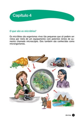 Capítulo 4


O que são os micróbios?

Os micróbios são organismos vivos tão pequenos que só podem ser
vistos por meio de um equipamento com potentes lentes de au-
mento chamado microscópio. Eles também são conhecidos como
microrganismos.




                                                      anvisa   9
 