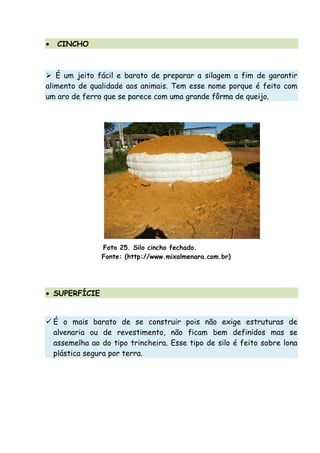 • CINCHO
É um jeito fácil e barato de preparar a silagem a fim de garantir
alimento de qualidade aos animais. Tem esse nome porque é feito com
um aro de ferro que se parece com uma grande fôrma de queijo.
Foto 25. Silo cincho fechado.
Fonte: (http://www.mixalmenara.com.br)
• SUPERFÍCIE
É o mais barato de se construir pois não exige estruturas de
alvenaria ou de revestimento, não ficam bem definidos mas se
assemelha ao do tipo trincheira. Esse tipo de silo é feito sobre lona
plástica segura por terra.
 